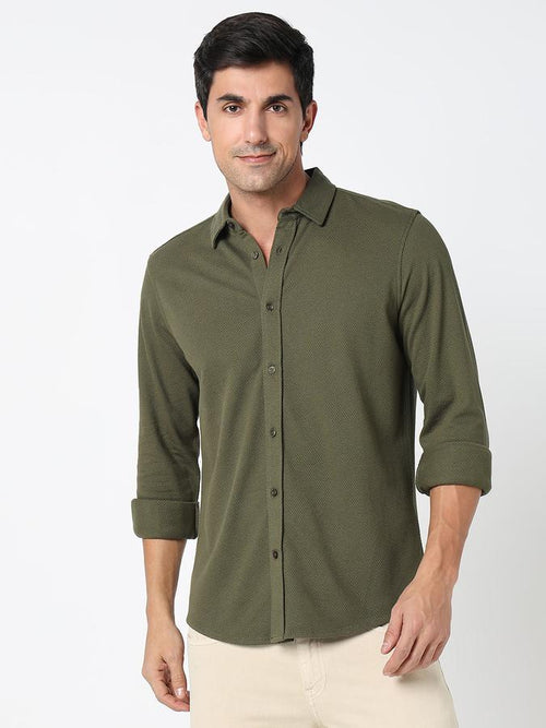 Men Cotton Regular Fit Point Collar Solid Shirt
